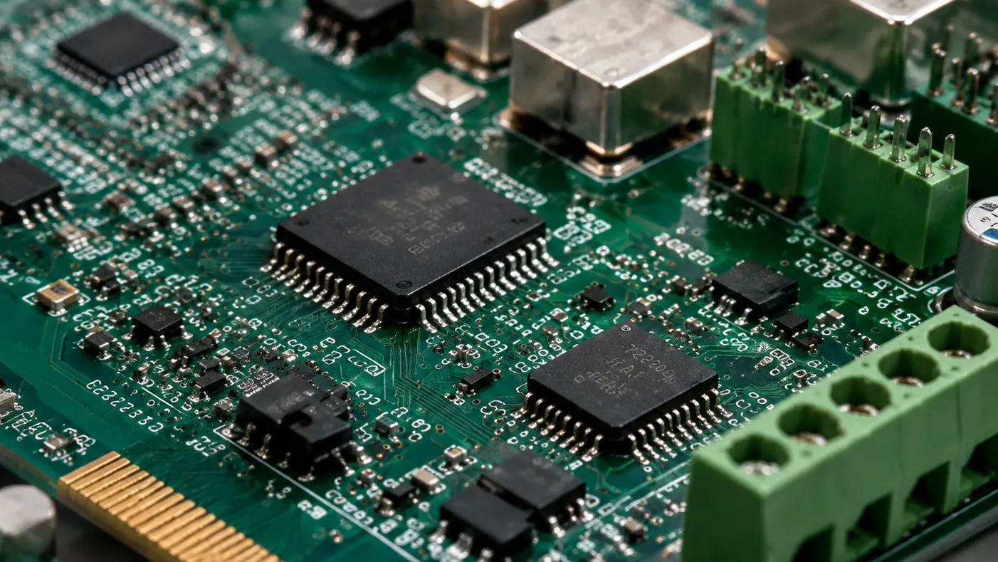 FR-4 board carrying through-hole and surface-mount components