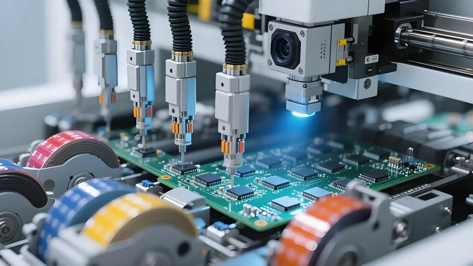 Automated SMT assembly machine placing components on a board